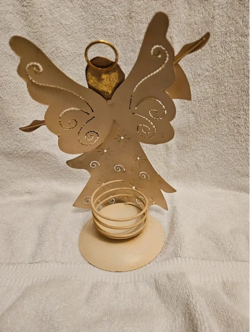 Vintage Metal Angel Tealight Candle Holder Christmas Decor Gold Cream 9x6